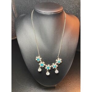 Vtg 50s Blue Clear Rhinestone Bib Necklace Snowflake Cluster Dangle Silver Tone